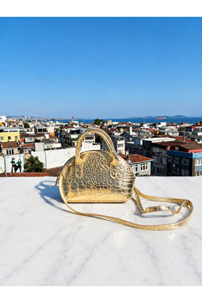 Kadın Altın Gold Kroko Desenli Mini El ve Omuz Çantası