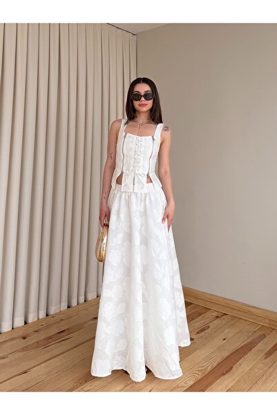 Laluvia Εκρού Μπλούζα Κορσέ και Φούστα - Σετ Δύο Τεμαχίων - 202610
