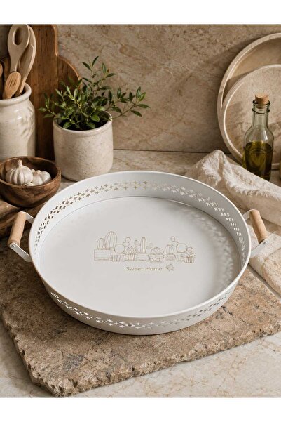 kurt41 Cream Metal Tray with Wooden Handles Round Tea Tray Presentation Tray ...