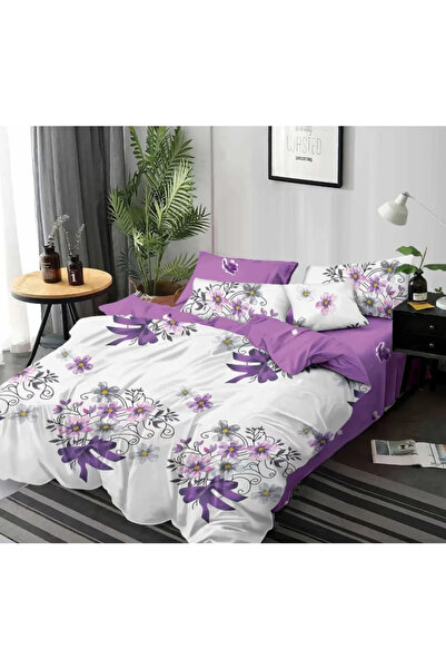 Sky Home Set de lenjerie de pat Finet 6 piese, Alb/Liliac cu floricele -KY5