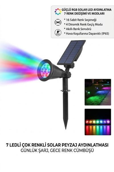 TeknoEser Solar Gunes Enerjili RGB Renk Degistiren Bahce Armaturu 7 Ledli Ren...