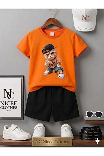 NC Nicee Clothes Summer Children's T-Shirt Shorts Unisex (Hip Hop Cat with Hat)