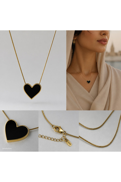Generic Elegant Black Heart Pendant Necklace – 18K Gold Plated Snake Chain