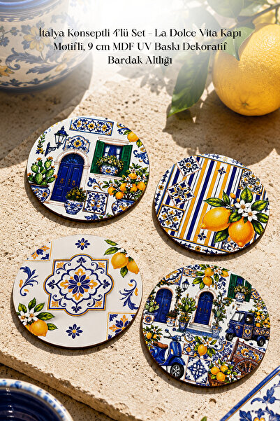 BYC TÜRKİYE Italy Concept Set of 4 – La Dolce Vita Door Motif, 9 cm Mdf Uv Pr...
