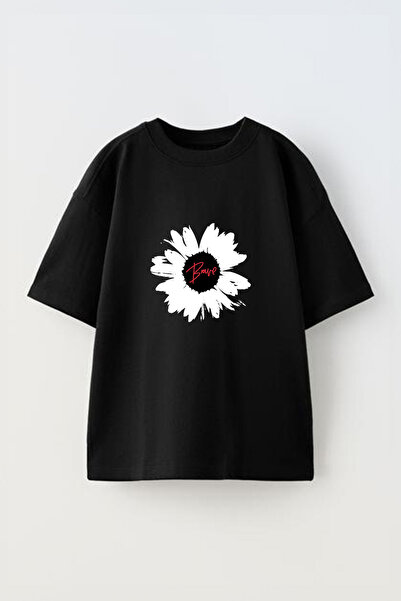 Anetos Tricou oversize negru din bumbac cu imprimeu frontal Brave Flower Design
