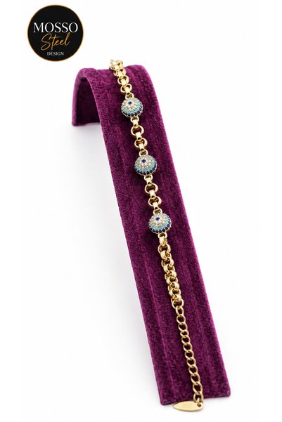 Mosso Steel 3 Ball Evil Eye Beaded Xuping Steel Bracelet Gold Color