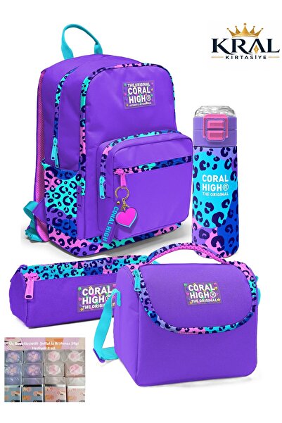 Coral High Mor Leopar 4'lü Okul Çanta Seti