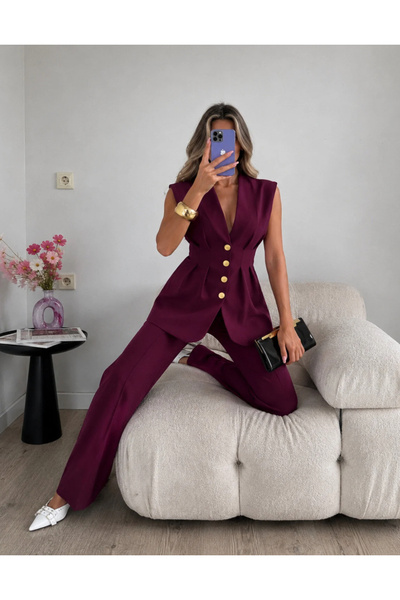 Ekim Store Gold Buttoned Pleated Vest Trousers Blazer Suit