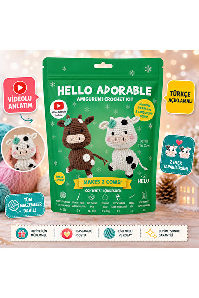 GenelTedarik 2'li Amigurumi Tığ İşi Seti – 2 Sevimli İnek Yap - Tüm Malzemele...
