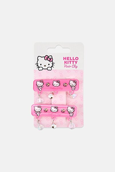 Hello Kitty Graphic Print 2 Pieces Hair Clips With Charm, Pink