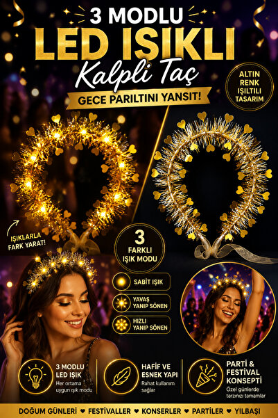 Tamsena Store 3 Modlu LED Işıklı Kalpli Taç Yılbaşı Parti Festival Gece Tacı ...