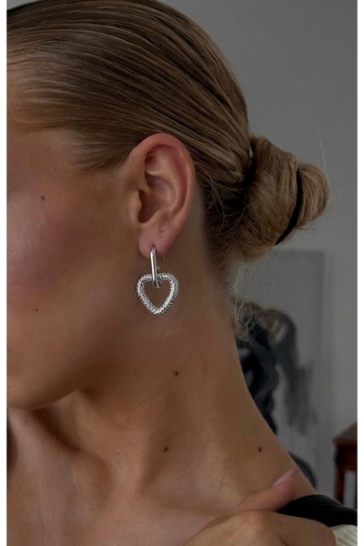 Markiz Takı Pair of Silver Color Heart Earrings 3 cm Length
