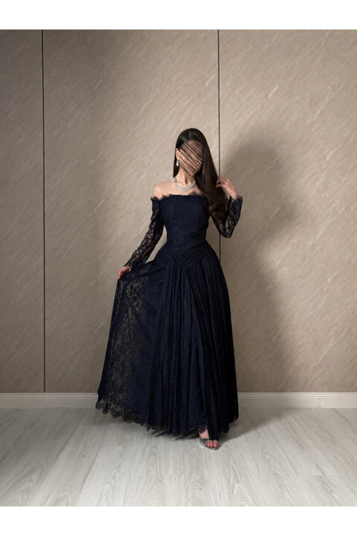 ALANOOD Luxury Lace Navy Blue Evening Dress with Long Sheer Sleeves
