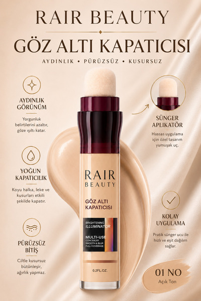 RAİR BEAUTY Yoğun Kapatıcı Süngerli Göz Altı Kapatıcısı-Concealer AÇIK TON