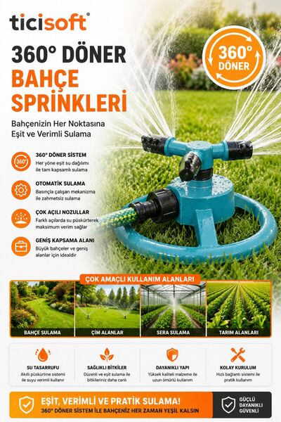 Ticisoft 360° Döner Bahçe Sulama Fıskiyesi Ayarlanabilir Nozullu Hortum Klips...