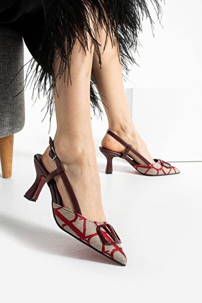 TrendWalk Gold Buckle Detailed Burgundy Denim Look Thin Heeled Slingback Shoe...