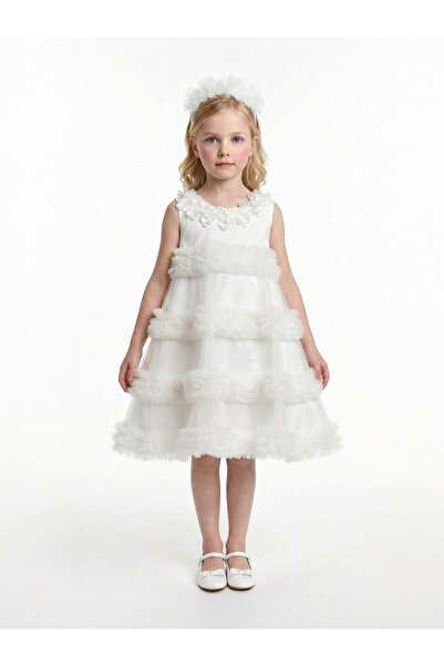 NAFASH Soft White Tulle Dream Layered Girls' Dress