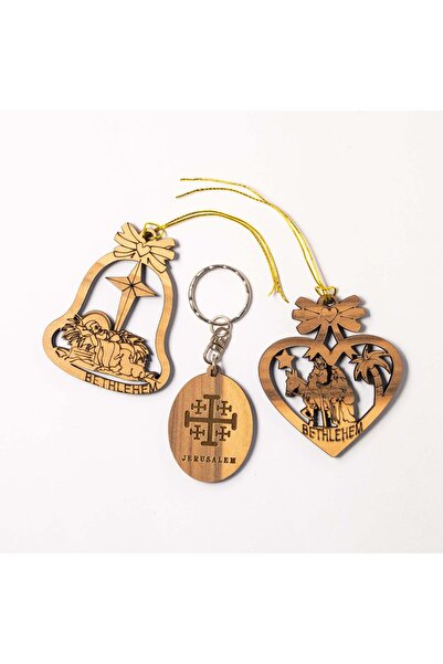 OEM Set de ornamente de Crăciun din lemn de măslin + Breloc cu crucea din Ier...