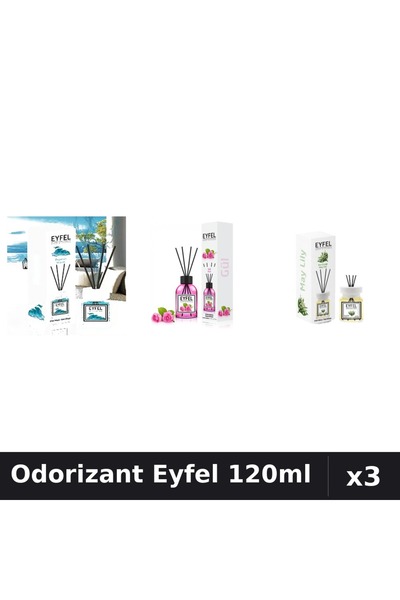 Eyfel Set 3 Odorizante Camera cu Betisoare - Ocean, Trandafir, Lacramioare 120ml