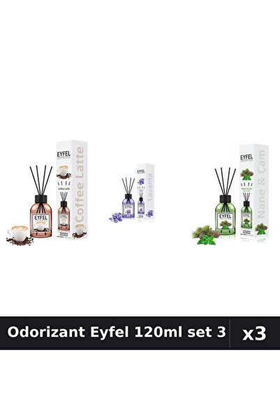 Eyfel Set 3 Odorizant Camera cu Betisoare - Cafea, Lavanda, Pin Menta 120ml
