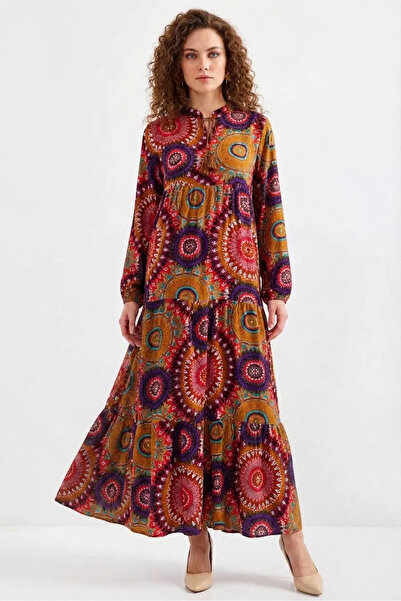 Generic Brand Women's Lace-Up Collar Floral Patterned Mustard Hijab Dress