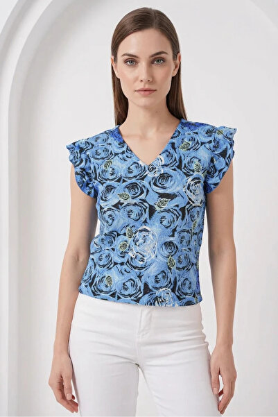 buğrahayalin Women's V-Neck Floral Patterned Blue Blouse