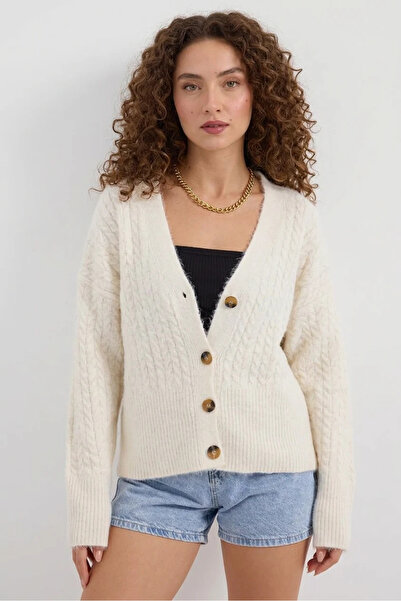 buğrahayalin Women's V-Neck Knitted Oversize Knitwear Ecru Cardigan