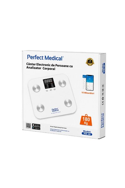 Perfect Medical ®   Cântar digital inteligent Bluetooth PM-48, Sticlă securizată, 4 senzori, Aplicație iOS/Android, Analiză corporală