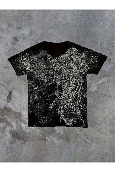 LAND MODA Royal Gothic Fleur De Lis Baskılı Oversize Unisex Tişört – Siyah