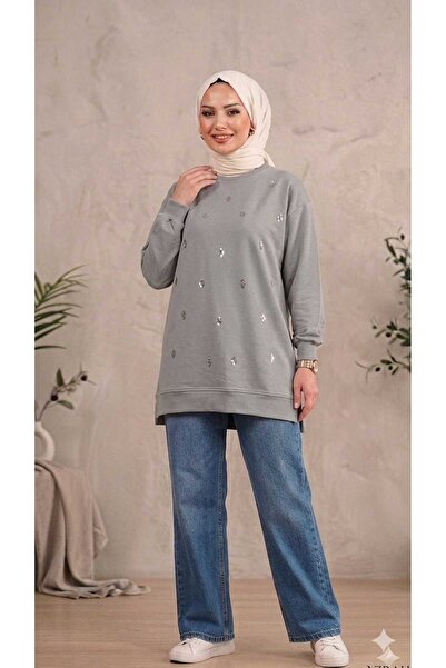 PEKA Women's Sequin Embroidered Crew Neck Sweatshirt with Side Slits - Tunic