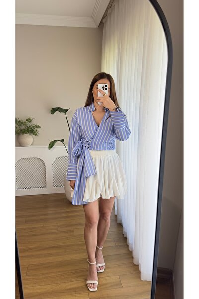 Butikrenginyılmaz Lace-Up Detailed Striped Poplin Shirt