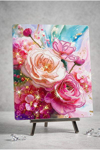 Haneliya Pembe Gül Elmas Boyama Seti 21x25 cm Şövaleli Diamond Painting Hobi ...