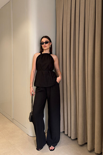 MAGARDE Set bluză cu guler halter din in - NEGRU