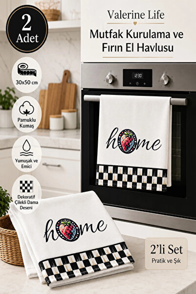 Valerine Life Çilekli Damalı Home Mutfak Kurulama Fırın El Havlusu Pamuklu Be...