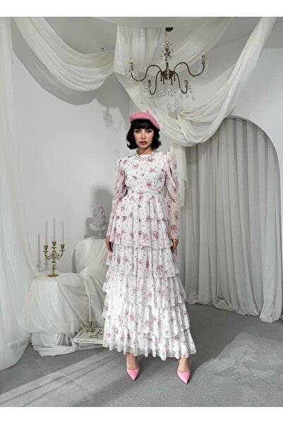 Caddebostan Moda Floral Patterned Belted Chiffon Dress Long Sleeve Layered Fl...