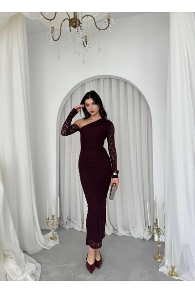 Caddebostan Moda One-Shoulder Detailed Lace Long Sleeve Midi Dress Stylish Ev...
