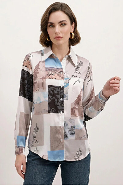 Şeker Portakalım Women's Patterned Satin Light Beige Shirt