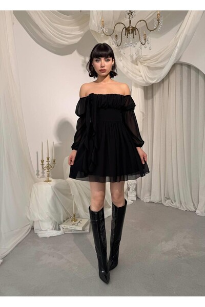 Caddebostan Moda Strapless Neckline Long Sleeves Chiffon Mini Dress with Ruff...