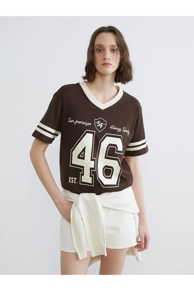 LC Waikiki Brown V-Neck Printed Oversize Women's T-Shirt