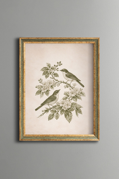 epiqart Two Birds on Flower Branches - Vintage Patterned Frame - Slim Model