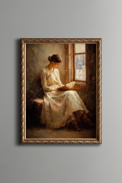 epiqart امرأة تقرأ كتابًا على النافذة - إطار بنمط عتيق - موديل نحيف
