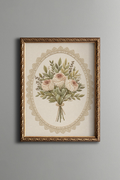 epiqart Nakış İşlemesi Görünümlü Pastel Güller - Vintage Desenli Çerçeve - İn...