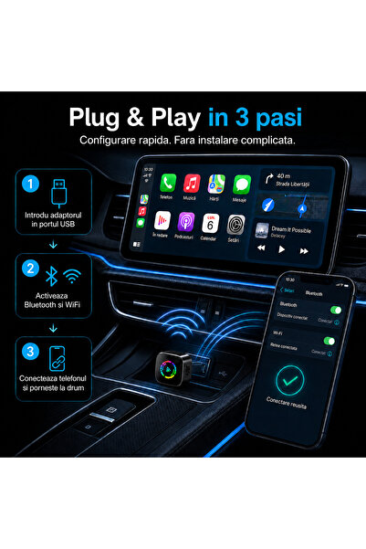 Om Adaptor Wireless CarPlay Android Auto 2 în 1 USB Bluetooth 5.2 WiFi 2.4G 5G Plug&Play iPhone iOS