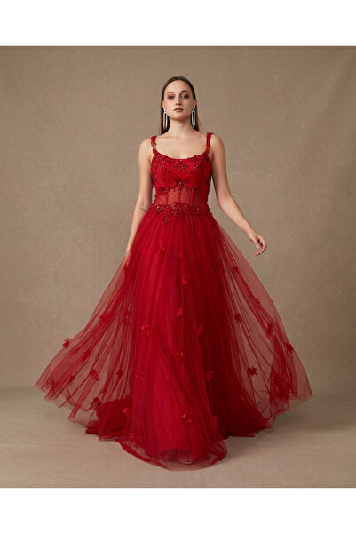 NO BRAND Vrn-Drs-015 |   Luxury Embroidery Tulle Red Evening Dress