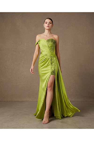 NO BRAND Vrn-Drs-017 |   Lime Green Evening Dress with Luxurious Beading