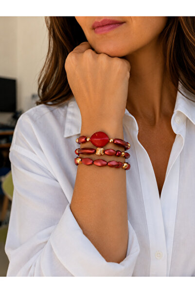 COCOSH TAKI Burgundy Color Beaded Multi-Bracelet with Gold Details and Triple...