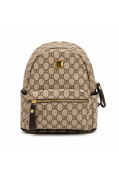 S.G Caterina Women's Fashion Backpack Brown Beige Monogram PU Leather Mini Backpack Casual Travel School Bag with Gold Zipper