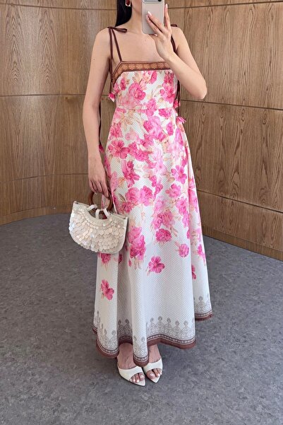 BRTC design Women's Pink White Floral Patterned Vintage Strap Dress