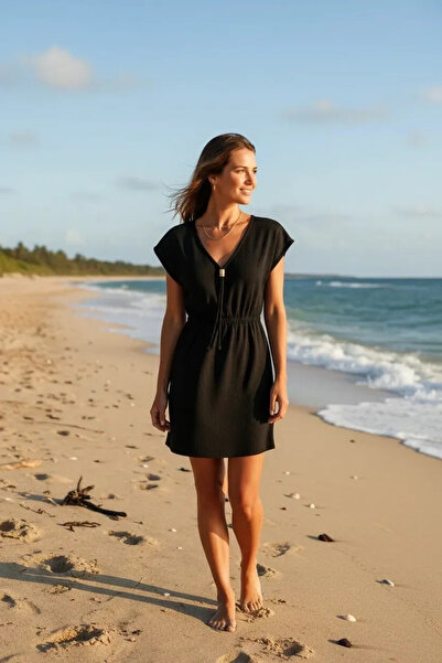 Beruflic Women's Black Side Slit Buckled V-Neck Mini Beach Dress Stylish Summ...