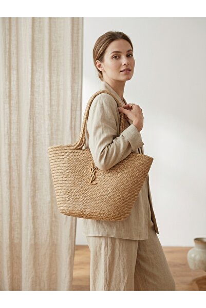 Doze Beige Wicker Canvas Shoulder Bag